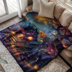 Halloween blanket design featuring a magical haunted house surrounded by glowing pumpkins, twinkling lights, bats, and colorful autumn trees, with a small witch standing under a vibrant night sky.