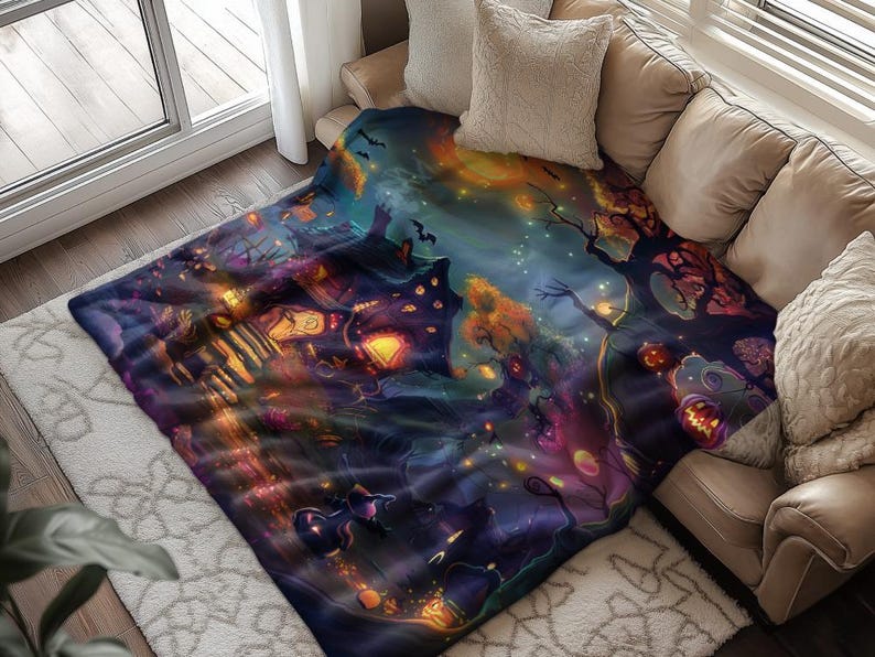 Halloween blanket design featuring a magical haunted house surrounded by glowing pumpkins, twinkling lights, bats, and colorful autumn trees, with a small witch standing under a vibrant night sky.