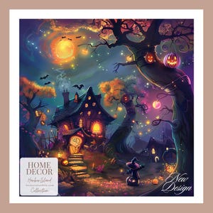 Halloween blanket design featuring a magical haunted house surrounded by glowing pumpkins, twinkling lights, bats, and colorful autumn trees, with a small witch standing under a vibrant night sky.