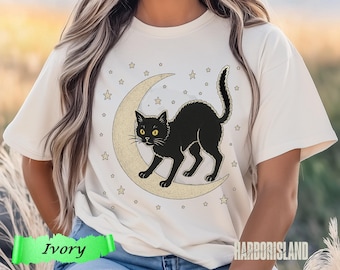 Schwarze Katze Shirt: Witchy Mondphase Design - weiche, bequeme Farben