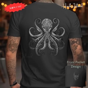 Octopus Skull Design Shirt, Nautical Goth Twist Tee, Skeleton Graphic Top, Soft Cotton T-Shirt, Men's Urban Style, Unique Skull Gift image 1
