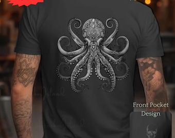 Octopus Skull Design Shirt, Nautical Goth Twist Tee, Skeleton Graphic Top, Soft Cotton T-Shirt, Men's Urban Style, Unique Skull Gift