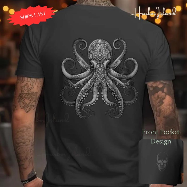 Octopus Skull Design Shirt, Nautical Goth Twist Tee, Skeleton Graphic Top, Soft Cotton T-Shirt, Men's Urban Style, Unique Skull Gift image 1
