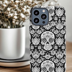Sugar Skull iPhone 16 Pro Max Case Day of the Dead Floral Skull Cover for iPhone, Google Pixel, Samsung Galaxy, Gothic Phone Case Gift