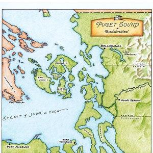 Puget Sound handgezeichnete Karte - Farbe, südliches Salish Sea, Olympia bis Bellingham, dekorative Kunstkarte Wandkunst pefektes einrahmbares Geschenk