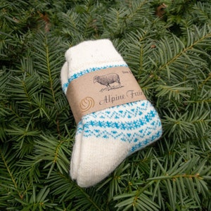 Soft and Thick Pair of Women's Wool Socks, Comfortable Knit Wear for Winter from Alpine Fair, White/Blue