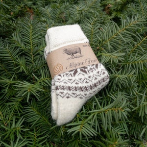 Soft and Thick Pair of Women's Wool Socks, Comfortable Knit Wear for Winter from Alpine Fair, White/Brown