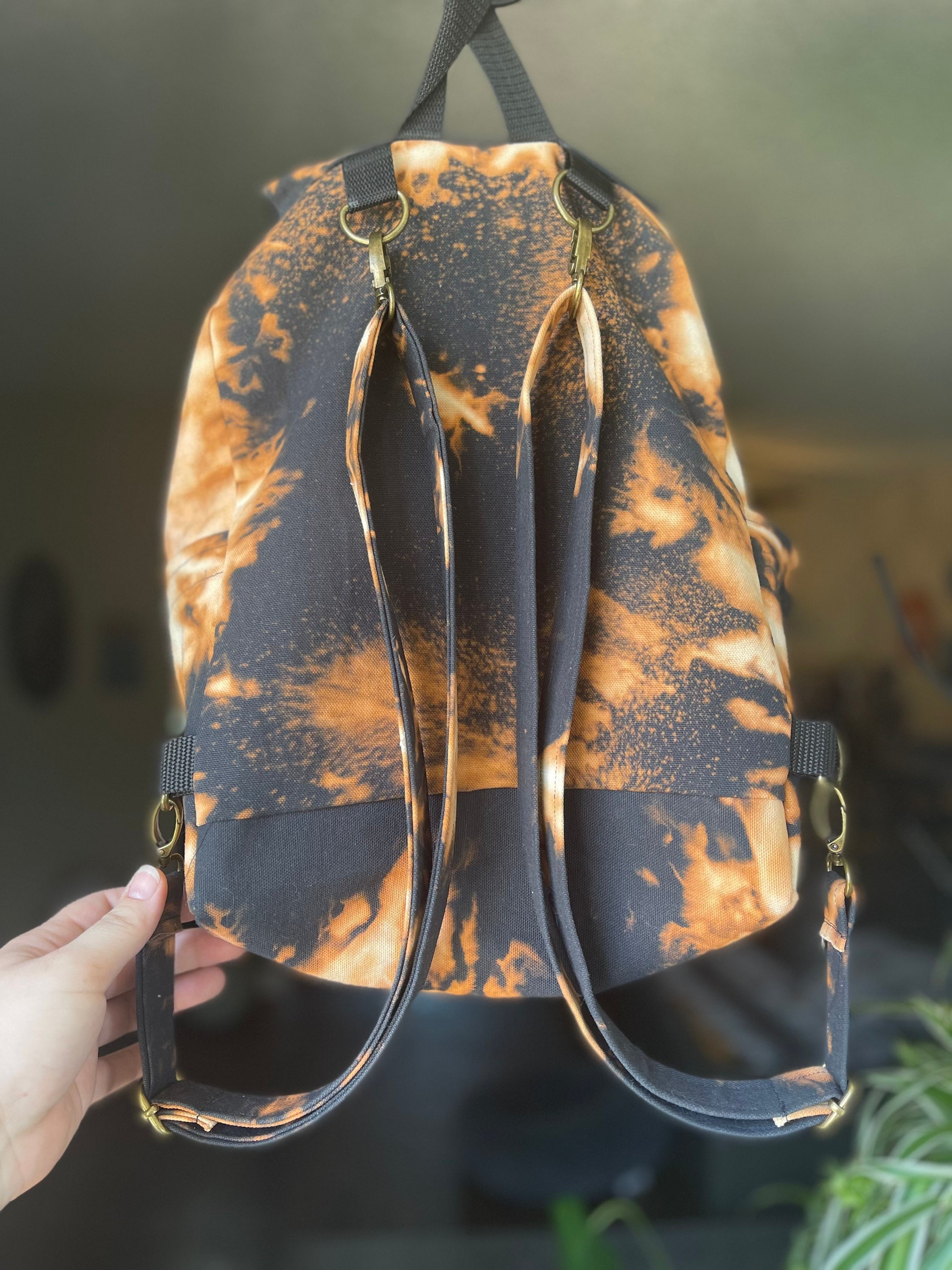 Black Bleach Dyed Backpack / Canvas Backpack / Drawstring 