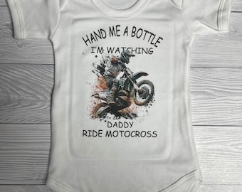 Motocross personalised baby grow bodysuit watching (daddy / mummy / uncle / auntie / cousin) ride motocross - baby romper mx fan