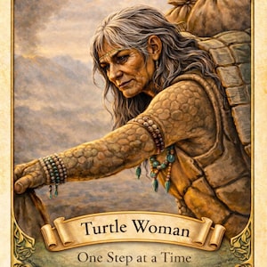 Puede incluir: Una tarjeta ilustrada con la Mujer Tortuga. Se la representa con cabello gris, vistiendo una prenda texturizada y cargando sacos. La tarjeta incluye el texto "Turtle Woman" y "One Step at a Time."