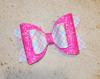 Handcrafted Spring Plaid Girls Hair Bow Clip with Hot Pink Glitter - Cute Hair Accessory for Easter, Parties, and Springtime Fun!