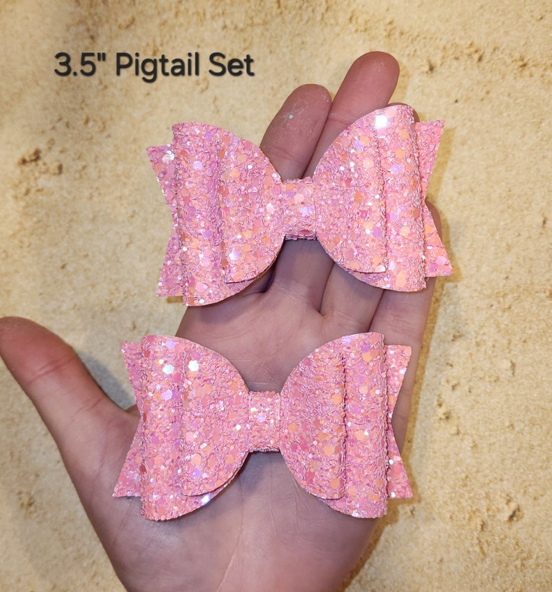 Pink Glitter Bow, Big Glitter Bow, Pastel Spring Bow, Toddler Hair Clip, Baby Bow Headband, Small Piggy Bows, Big Cheer Bow, Pigtail Bow Set 3.5" Pigtail Set