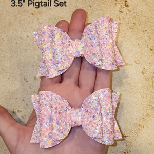 Girl Hair Bow, Big Glitter Bow, Glitter Pigtails, Pastel Bows, Pink Glitter, Purple Glitter, Gold Glitter, Teal Glitter, Birthday Party Gift 3.5" Pigtail Set
