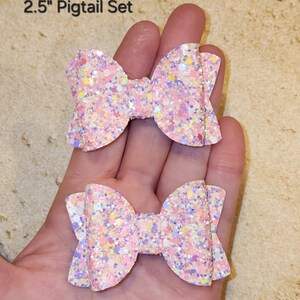 Girl Hair Bow, Big Glitter Bow, Glitter Pigtails, Pastel Bows, Pink Glitter, Purple Glitter, Gold Glitter, Teal Glitter, Birthday Party Gift 2.5" Pigtail Set
