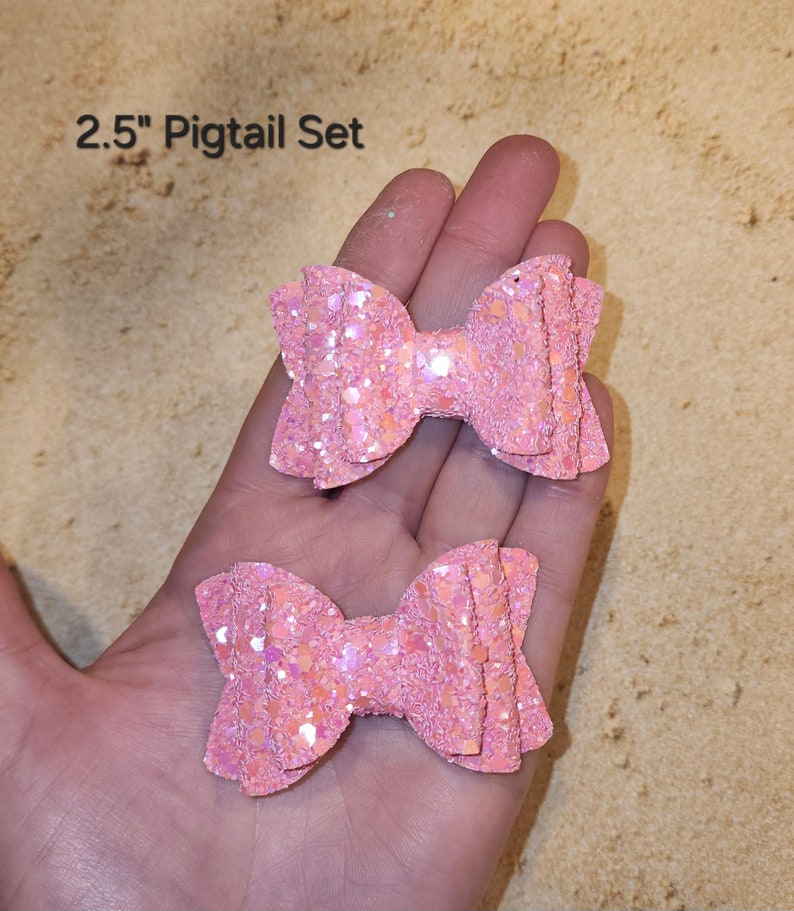 Pink Glitter Bow, Big Glitter Bow, Pastel Spring Bow, Toddler Hair Clip, Baby Bow Headband, Small Piggy Bows, Big Cheer Bow, Pigtail Bow Set 2.5" Pigtail Set