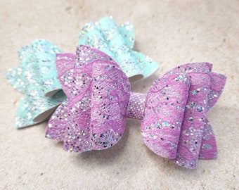 Wholesale Bow, Easter Glitter Bow, Pastel Lace Fabric Bow, Little Girl Birthday Gift, Baby Bow, Toddler Clip, Purple Glitter Bow, Silver Bow