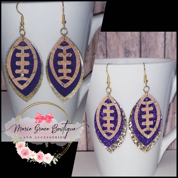 Football Earrings, Leather Earrings, Baltimore Ravens Earrings, Sports Jewelry, Ravens Accessories, Ravens Gift, Purple & Gold, NFL Earring