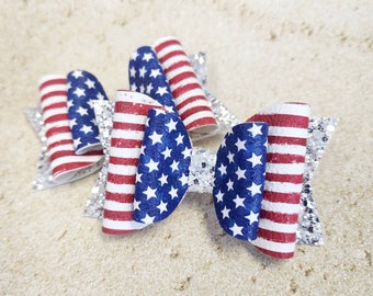 Girls Hair Bow, Stars and Stripes Bow, 4th of July Bow, Patriotic Bow, Summer Hair Bow, Toddler Bow on Clip, Pigtail Bow Set, Piggy Bows