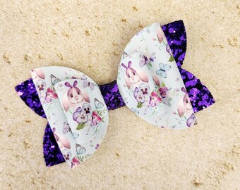 Girls Bunny Birthday Bow, Some Bunny is One, Bunny Ear Bow, Easter Bow, Toddler Hair Clip, Baby Headband, Easter Gift Girl, Purple Florals