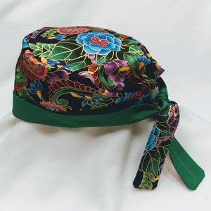 Jeweled Flower (green, purple, and gold) Surgical Scrub Cap.