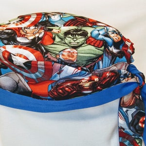 Surgical Scrub Cap made from licensed Avengers fabric  (# 3 &quot;Closeups&quot; and blue)