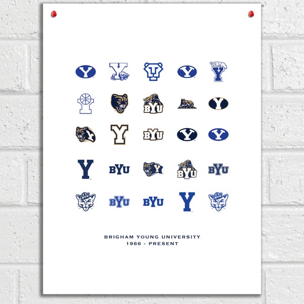 BYU Brigham Young Logos Throughout Time Poster Royal Blue Wall Art Print Minimalist Office Wall Art Bedroom  Cougars Dorm Decor BYU Sports