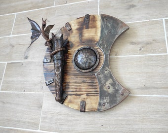 Sconces wall decor, dragon shield, castle light, metal wall lamp, dragon lamp, wooden candle holder, wooden fixtures