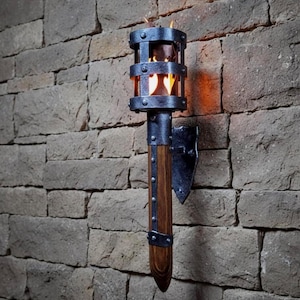 Medieval Wall Torch Sconce: Rustic Iron & Wood Viking Lantern