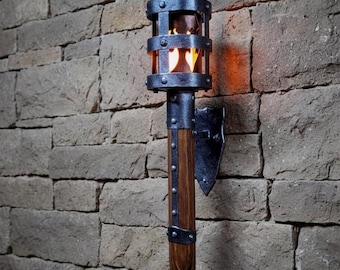 Medieval Wall Torch Sconce: Rustic Iron & Wood Viking Lantern