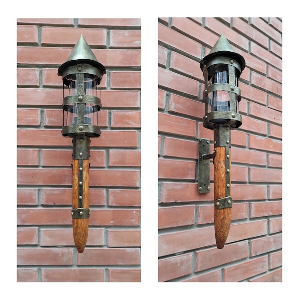 Wall sconce torch with a wooden handle in medieval, Viking style, Wall light handcrafted