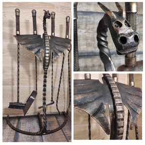 Forged Fireplace Tools Set: Dragon Wings Stand, Hand Forged