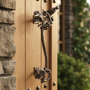 Hand Forged Wrought Iron Door Handle: Bird on Branch