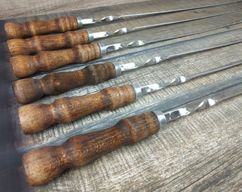Hand Forged Stainless Steel Grill Skewers with Wood Handle - Set of 6