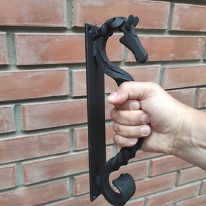 door handle, horse door handle, metal handle, hand forged handle, barn door handle, door decor, wrought hardware, metal forged handle