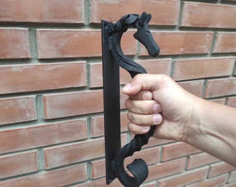 door handle, horse door handle, metal handle, hand forged handle, barn door handle, door decor, wrought hardware, metal forged handle