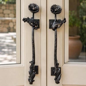 Hand Forged Poppy Door Handle – Rustic Floral Pull for Front Door