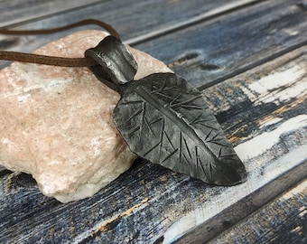 Handmade Forged Iron Leaf Pendant: Viking Amulet Necklace