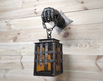 Handmade Wrought Iron Knight's Hand Wall Lantern - Medieval Sconce