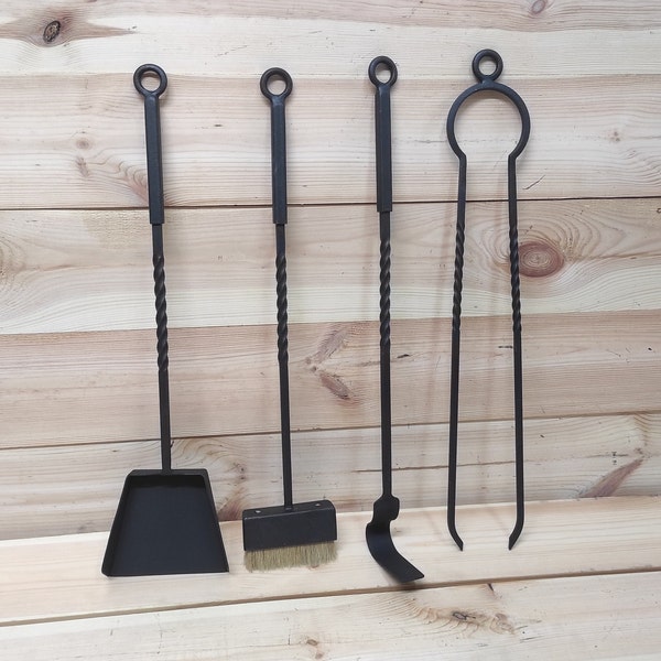 Forged fireplace tools set, 4 Pieces, Fireplace poker, Fireplace Tongs, Shovel, Broom, Hand Forged, Fire Tool, Fireplace Gift