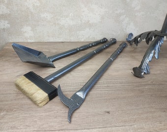 Forged fireplace tools set, 3 Pieces and a stand, Fireplace poker,  Shovel, Broom, Fire Tool, Fireplace Gift, Fire Tool forged,