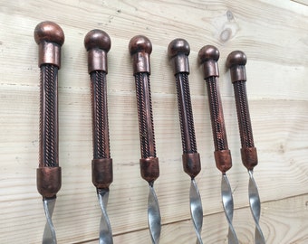 Hand Forged Kebab Skewers - Iron Grill Utensils, Camping Cookware - Set of 6