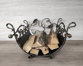 Handmade Wrought Iron Firewood Basket: Decorative Fireplace Log Holder