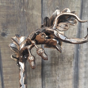 Hand Forged Wrought Iron Door Handle: Oak Branch Design