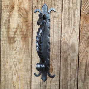 May include: A black metal door knocker shaped like a seahorse with a twisted design. The knocker is mounted on a wooden door.