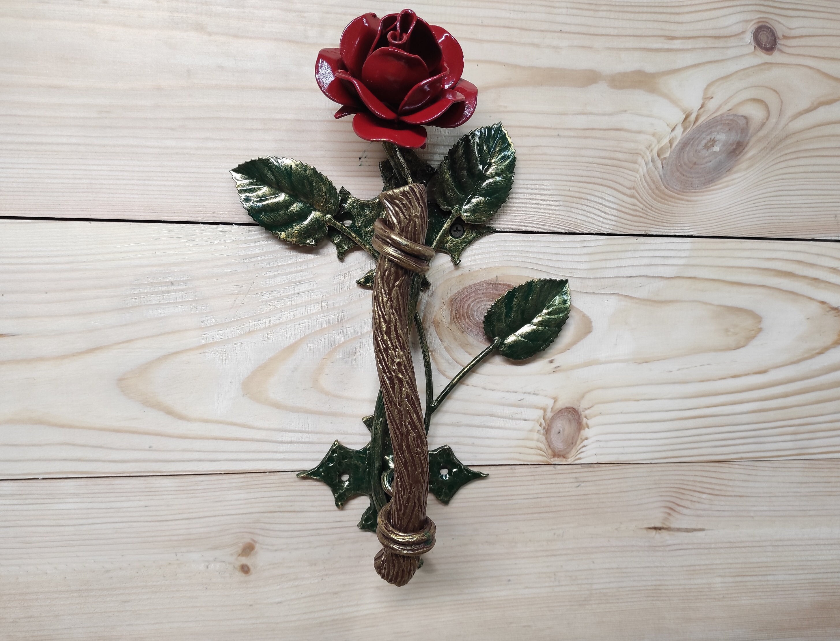 Hand Forged Rose Door Handle: Metal Flower Handle (13.38
