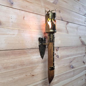 Medieval Wall Torch Sconce Light, Rustic Flame Lantern, Viking Style Wall Mount Lamp, Iron & Wood Torch Light, Tavern or Cosplay Decor