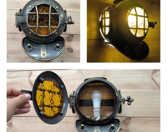 Diver's Helmet Wall Sconce with Amber color Glass, wall lamp, Gift Idea, Iron unique sconce, wall lighting