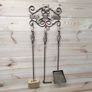 A set of forged fireplace tools 3 pieces and wall stand, Fireplace poker, Shovel, Broom, Hand Forged, Fireplace Gift