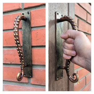 May include: A decorative door handle with an octopus design. The handle is made of metal and has a dark brown finish. The handle is mounted on a wooden door.