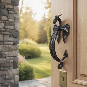 Handgesmede drakendeurkruk: smeedijzeren metalen decor